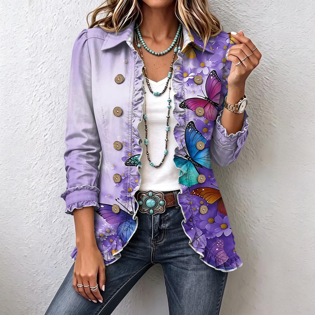 Women's Floral Print Cardigan, Long Sleeve Ruffle Open Front Top, Casual Outerwear for Spring and Fall