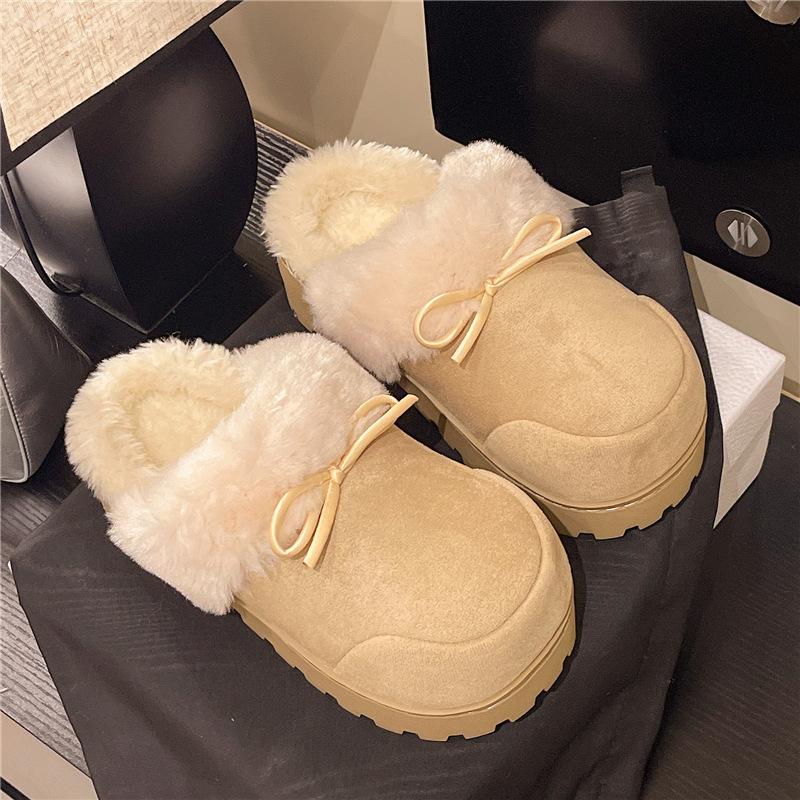 Retro Heightening Shoes Women's Autumn and Winter Outer Wear 2025 New Velvet Warm Bow Bag Head Half Drag Wool Cotton Slippers