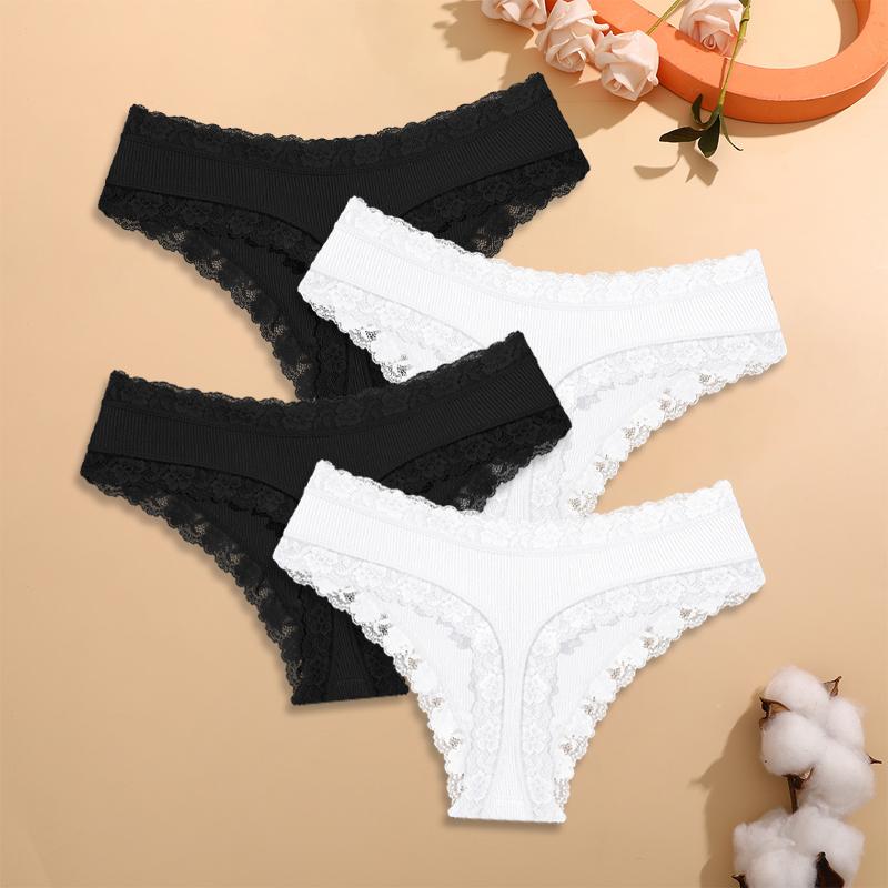 FINETOO S-XXL 4 Peças Algodão Renda Floral Roupa Íntima para Mulheres Calcinhas Sexy Listradas Cor Sólida Meninas Cintura Baixa Respirável Fio Dental Lingerie