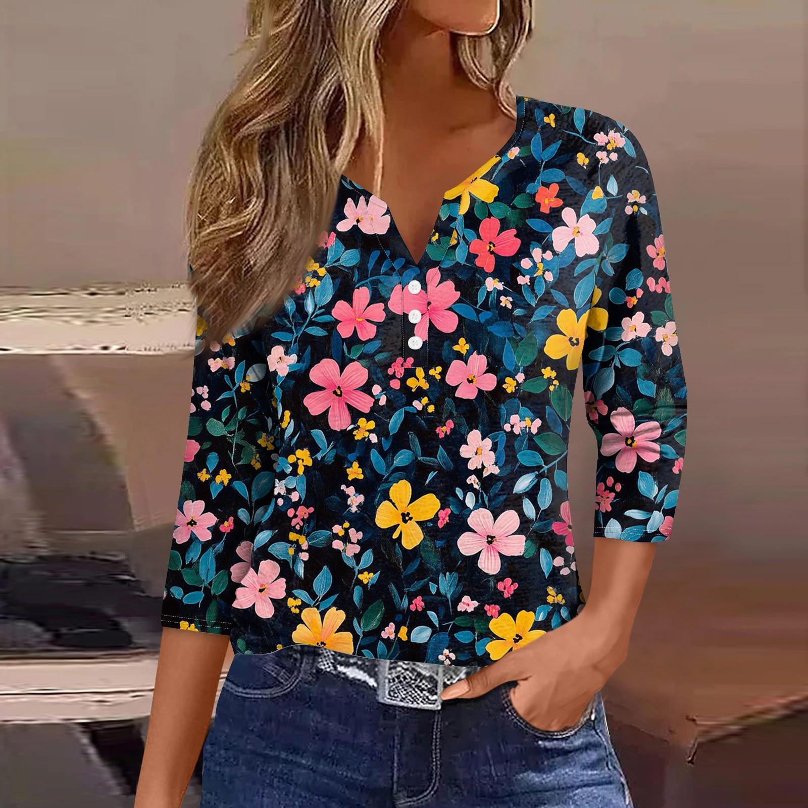 

Женский свободный повседневный топ с цветочным принтом и V-образным вырезом с рукавами семь четвертей Топ с V-образным вырезом и рукавами семь четвертей XXXL