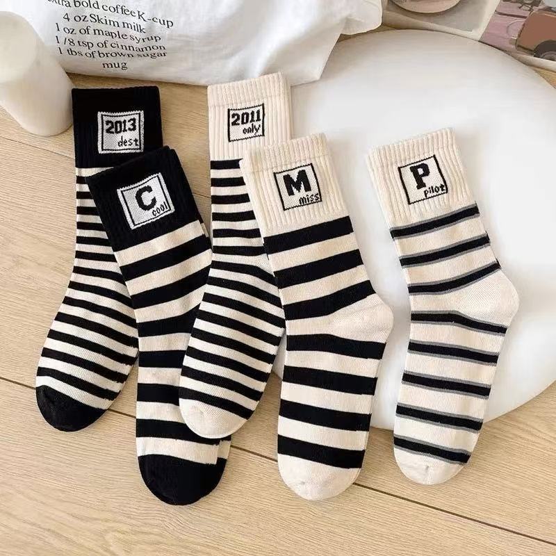 5 Pairs Women Candy Color Splicing Design Socks, Mid-tube Ribbed, Breathable, Sweat-absorbent, High Elastic