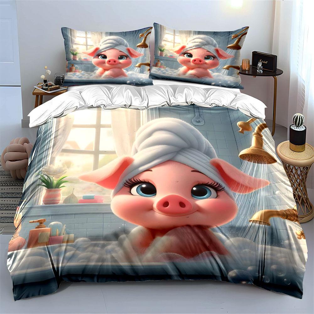 Cute Piglet In Bubble Bath Bedding Duvet Cover Set (1*Duvet Cover 2*Pillowcases, Without Duvet Insert)