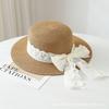 Small fresh lace bow straw woven flat top straw hat women's spring new seaside vacation sunshade beach hat