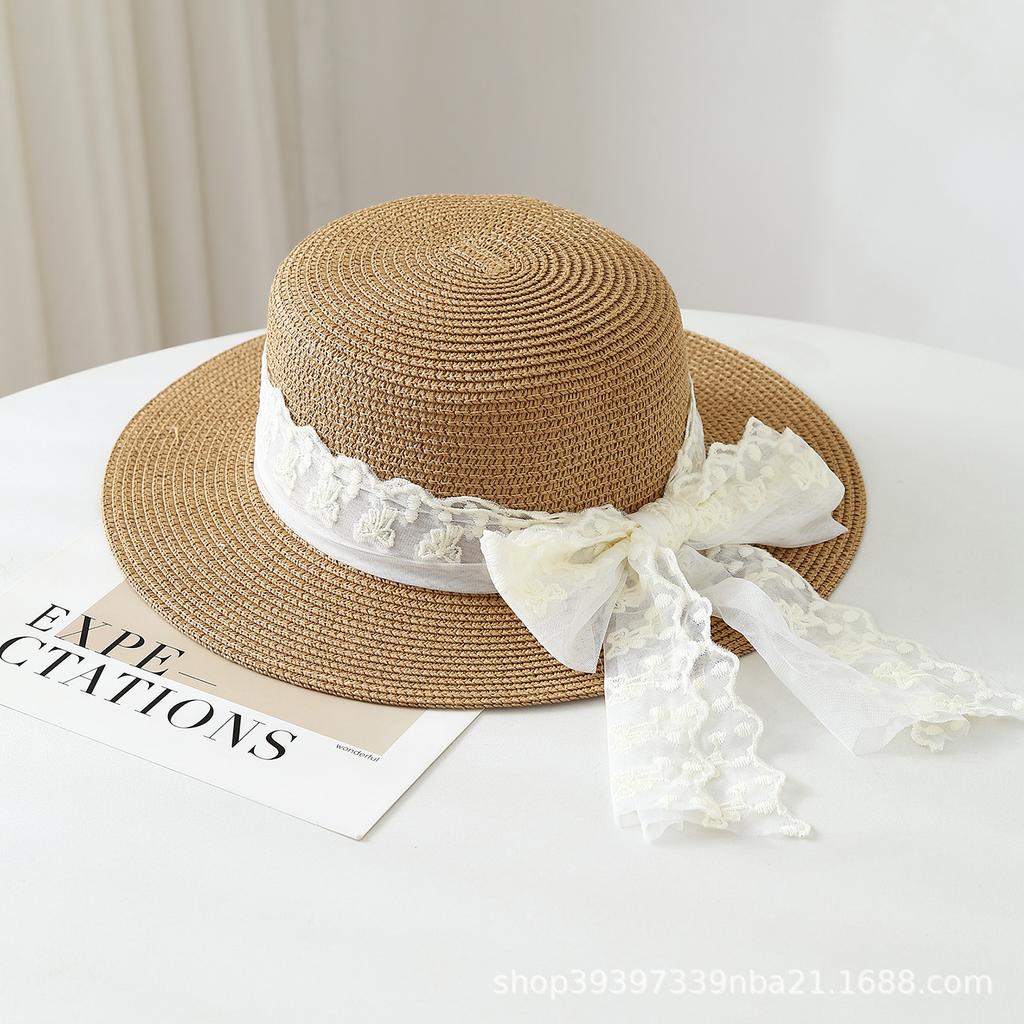 Small fresh lace bow straw woven flat top straw hat women's spring new seaside vacation sunshade beach hat