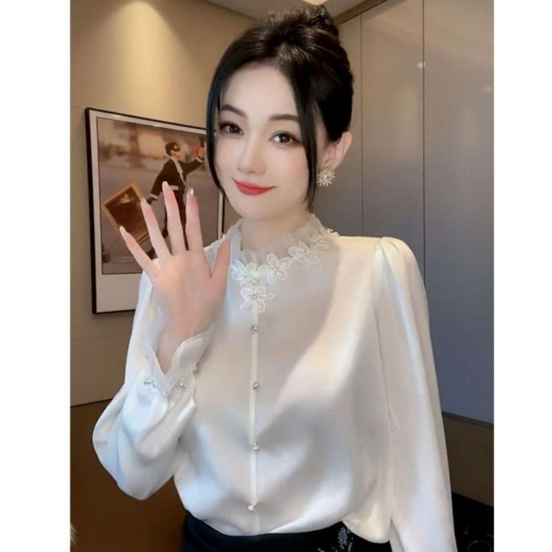 Elegant Mesh Half High Neck Blouse Women Spring Fashion Long Sleeve Shirt White Top Lady Style