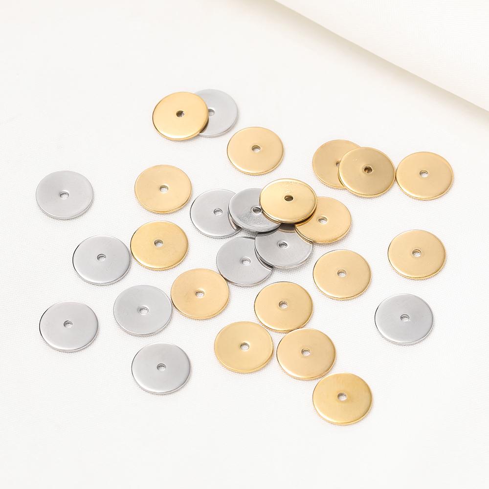 50 Stück goldfarbene flache, runde Abstandsperlen, 4–10 mm, Edelstahl-Trennperlen für Armbänder, Halsketten, Schmuckherstellung, Zubehör