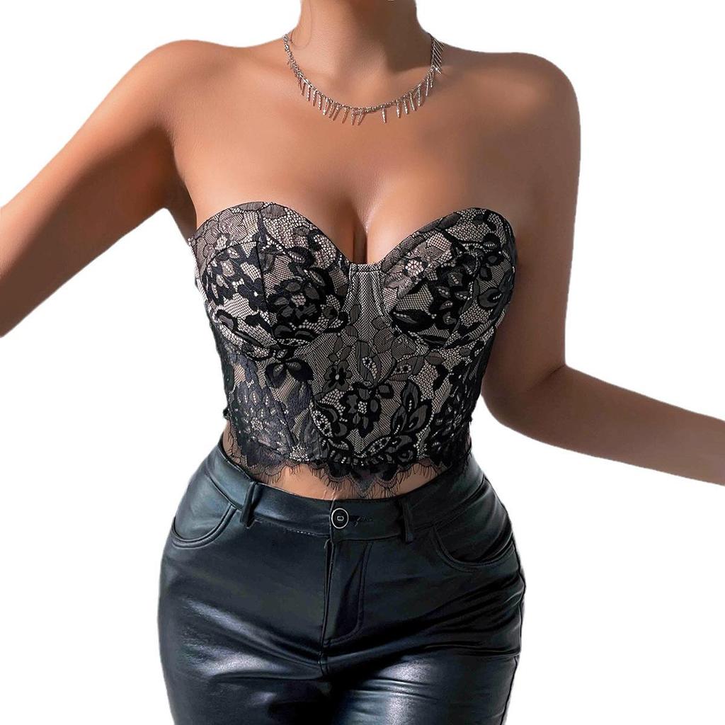 High-End Sexy Lace Eyelash Floral Tube Top for Women 11075