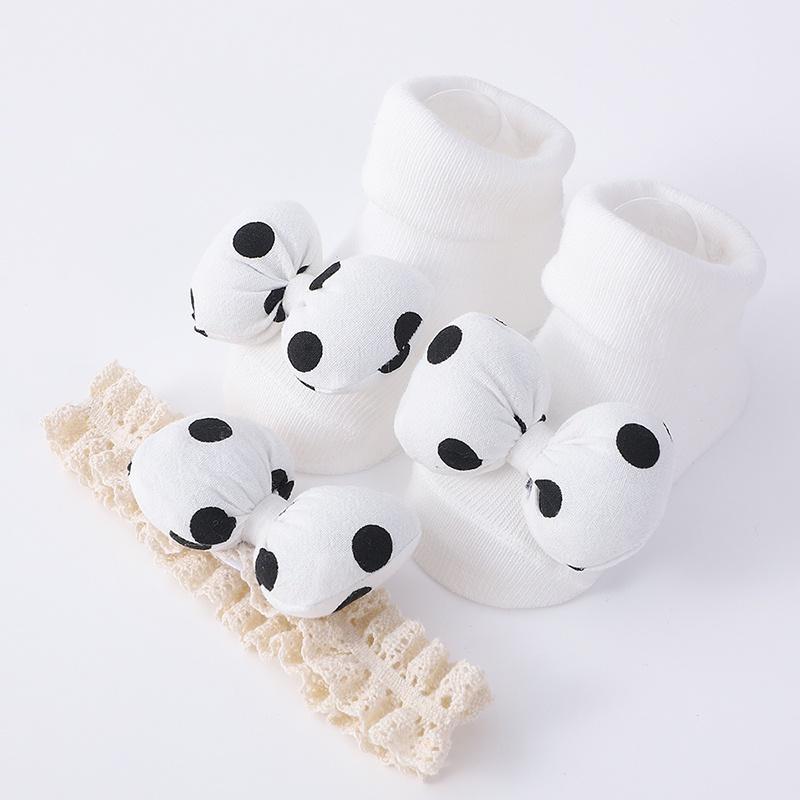 

Носки для младенцев и девочек, детские носки, нескользящие носки для малышей, носки принцессы с бантом в горошек и повязкой на голову M белый
