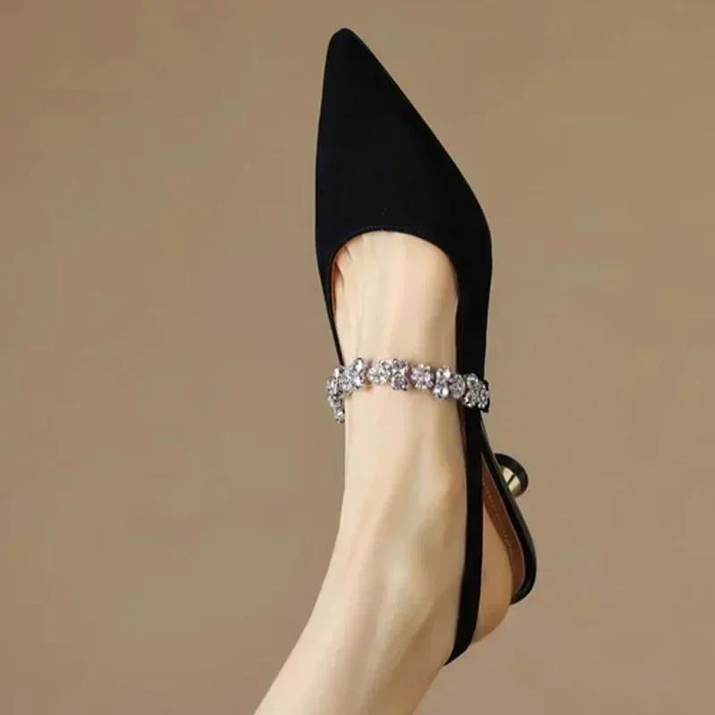 New Women's Sandals Pointed Toe Slingbacks Rhinestone Wedding Shoes Gold Sliver Low Heels Summer Mujer Luxury Zapatos De Mujer