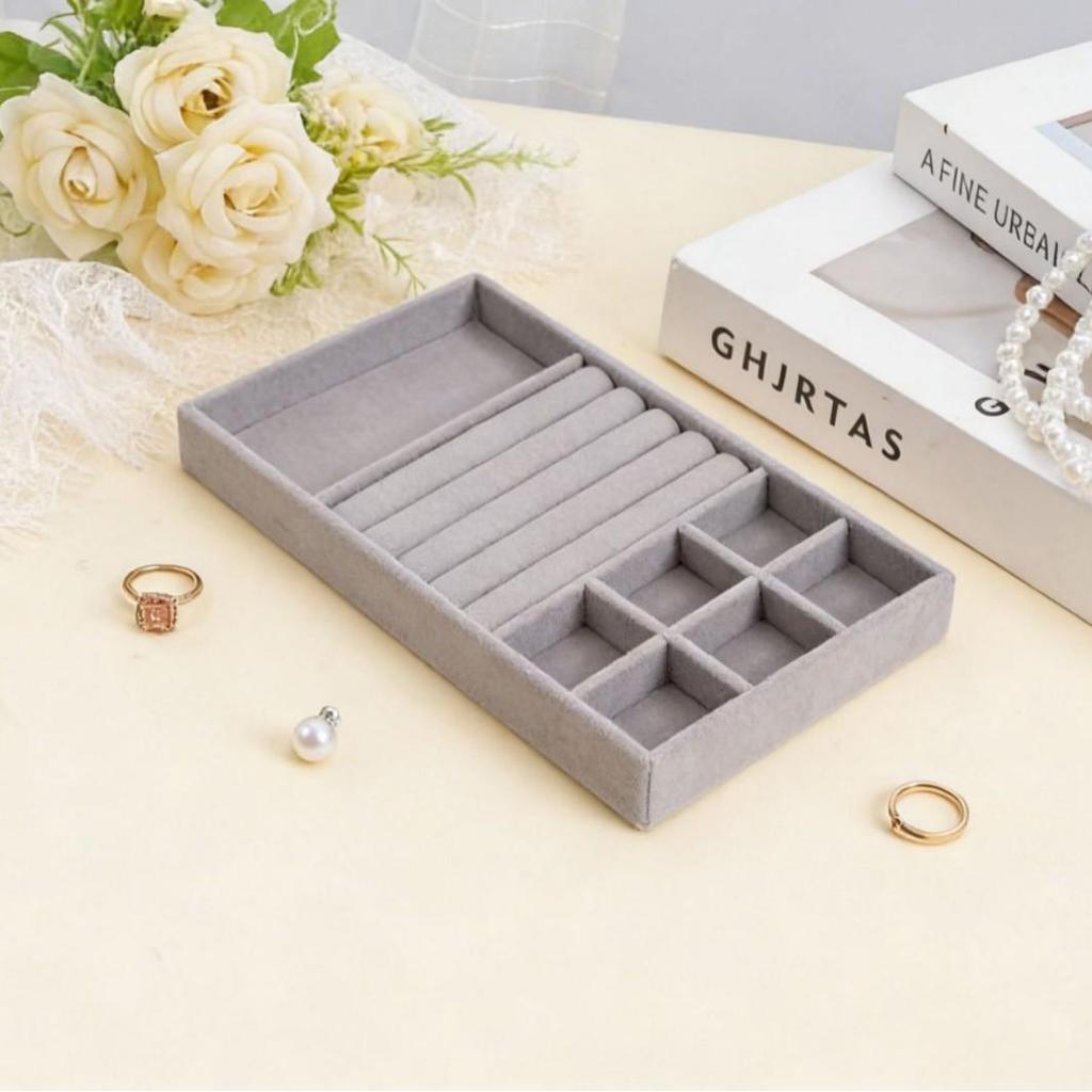 Velvet Jewelry Box with Drawer: Grey Multifunctional Tray for Necklaces & Rings