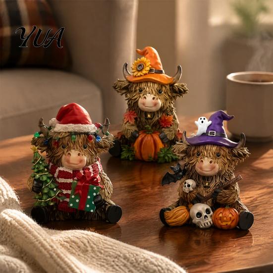 Highland Cow Figurine 3Pcs Figurine, Resin Yak Statues for Thanksgiving Christmas, Small Decorative Figurines Farmhouse Tabletop Ornaments Shelf