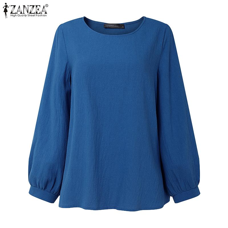 

ZANZEA Женские винтажные блузки с круглым вырезом и длинным рукавом, повседневные свободные топы 4XL синий