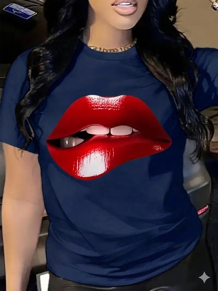 Unisexs Red Lip Print T Shirt Sexy Short Sleeve Casual Crew Neck Tee Shirt