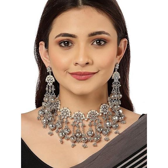 Комплект ожерелья-колье Kundan из окисленного серебра с дизайнерскими серебряными — фото 2