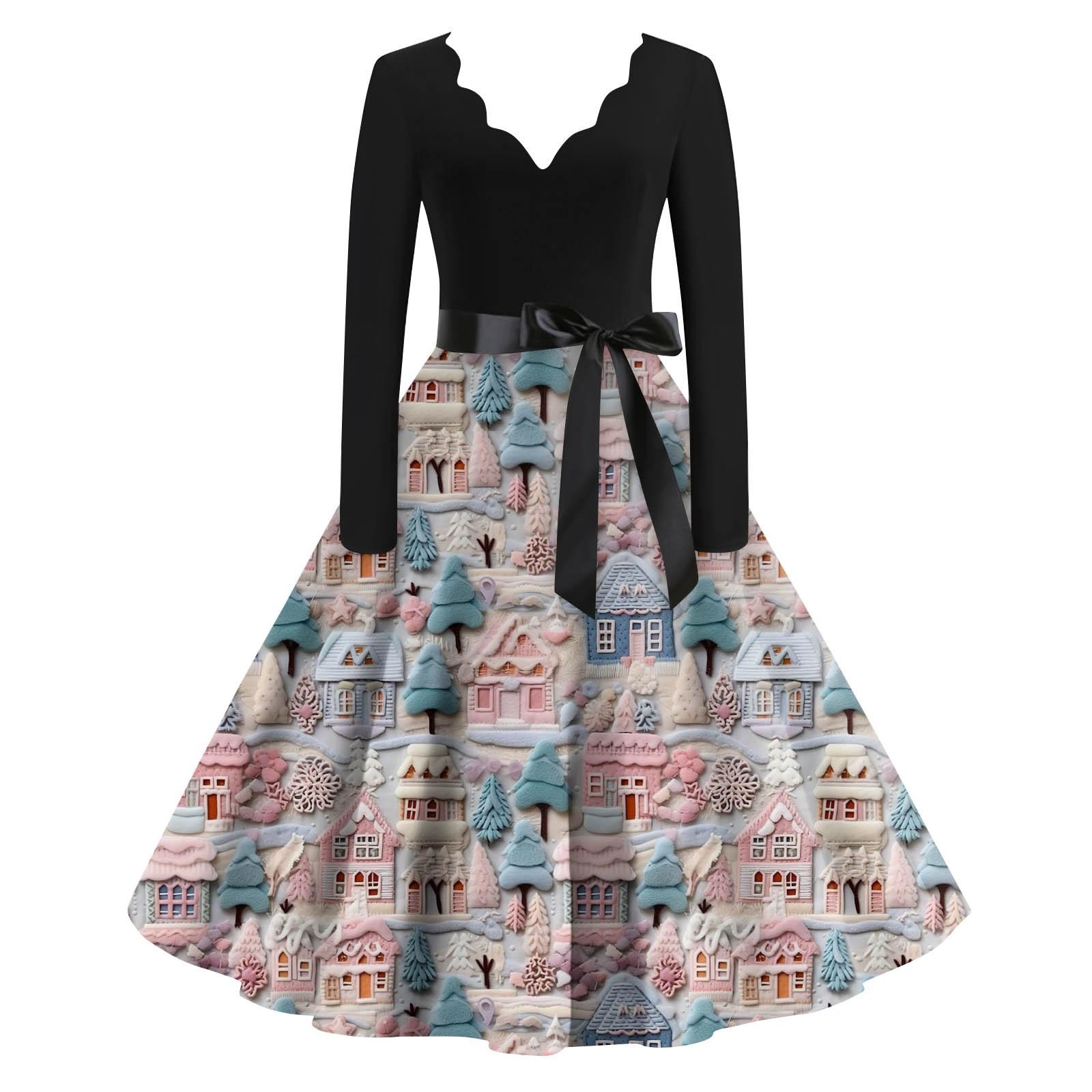 

Женские повседневные модные длинные платья с рождественским графическим принтом и длинными рукавами в винтажном стиле L белый