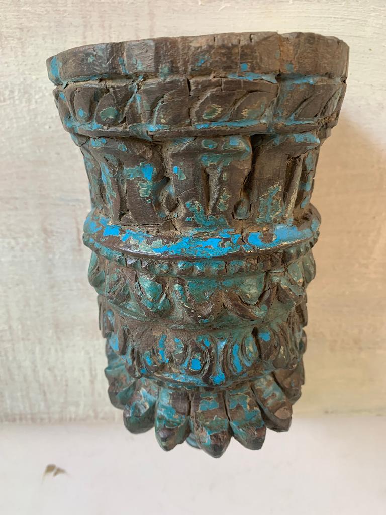 Carved Floral Wood Floating Shelf: Rustic Blue Wall Decor