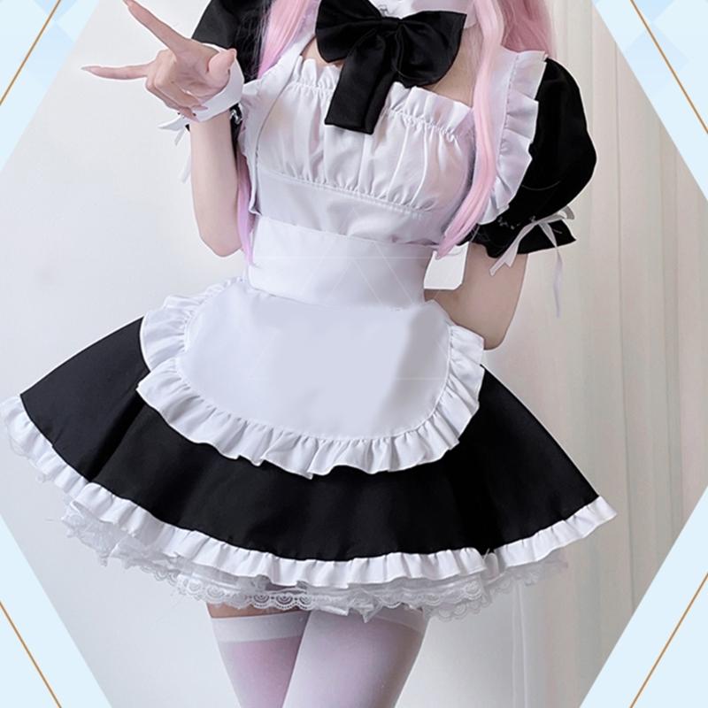 Anime Maid Costume Set Anime Maid Apron Maid Dress, Maid Headpieces, and Maid Bowtie Halloween Cosplay Costume
