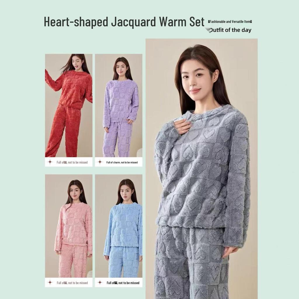 Women's Heart Print Flannel Pajama Set - Warm Winter Coral Fleece Homewear