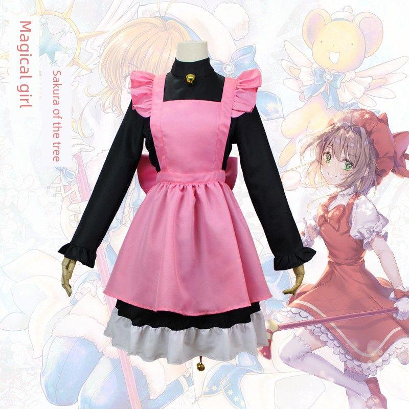 Cardcaptor Sakura Cosplay Costume, Sakura Kinomoto Cosplay Pink and Black Rei Ka Cat Outfit Full Set in Stock