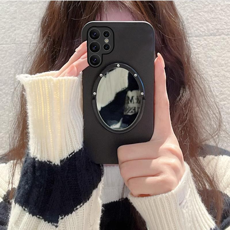 Mirror Stand Holder Soft Silicone Phone Cover For Samsung Galaxy S24 Ultra Plus Crossbody Leather Metal Chain Lanyard Back Case