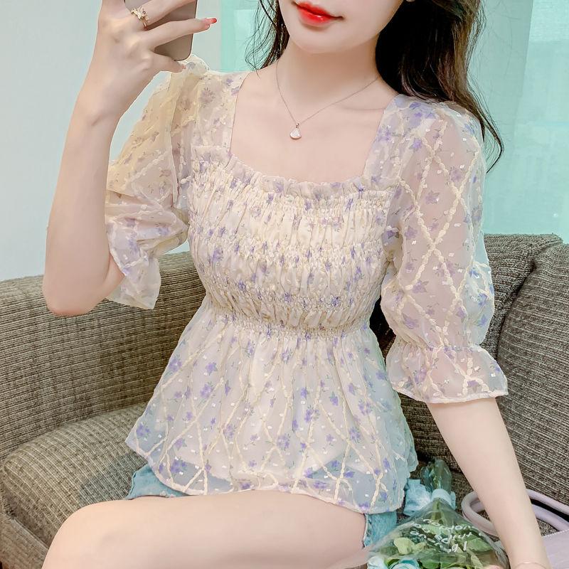 

Квадратный вырез без спинки, короткий рукав с принтом, стиль «чистое желание», чтобы вы выглядели стройнее и скрывали полноту, рукава-фонарики XL фиолетовый