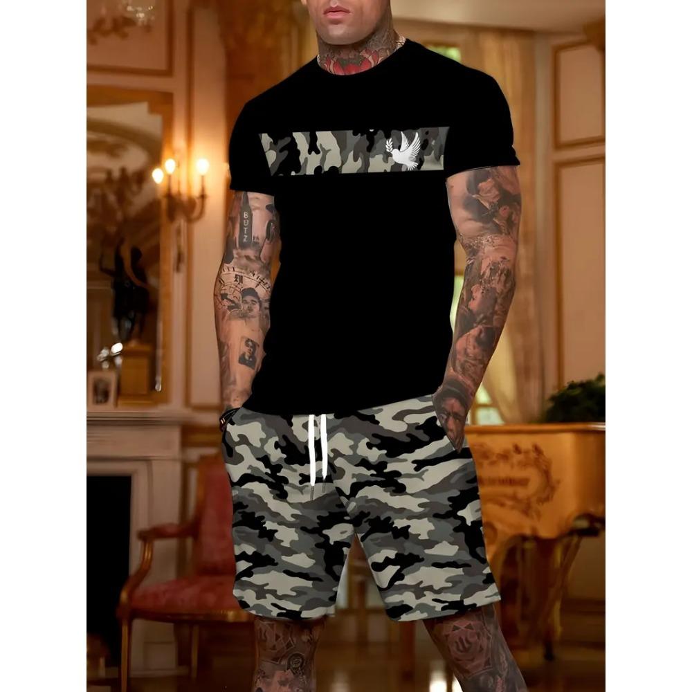 Summer Letter Print Men's T-shirt Shorts 2-piece Set 2025 Men's Clothing Quick Drying Sports T-shirt Elastic Waist Shorts Set