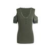 Women's Black Contrast Lace Sleeve V-Neck Short Sleeve T-Shirt Casual Chic Top with Lace Trim Button Detail Medium Stretch Versatile Tee