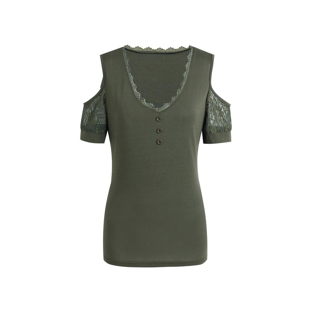 Women's Black Contrast Lace Sleeve V-Neck Short Sleeve T-Shirt Casual Chic Top with Lace Trim Button Detail Medium Stretch Versatile Tee