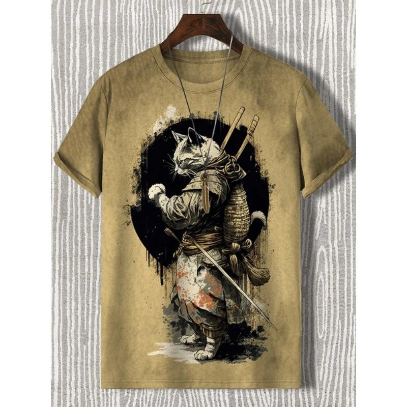 Men's T-Shirt Japanese Style Samurai Cat Graphic 3D Printed T-Shirt Casual Short Sleeved Tee Outdoor Oversized Men Clothing Tops