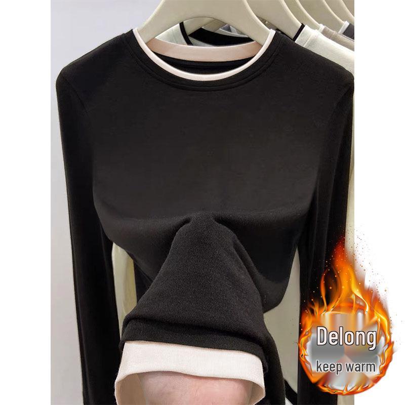 Double-Sided Plush Color Block Long Sleeve Layered T-shirt – 2025 Autumn/Winter Collection