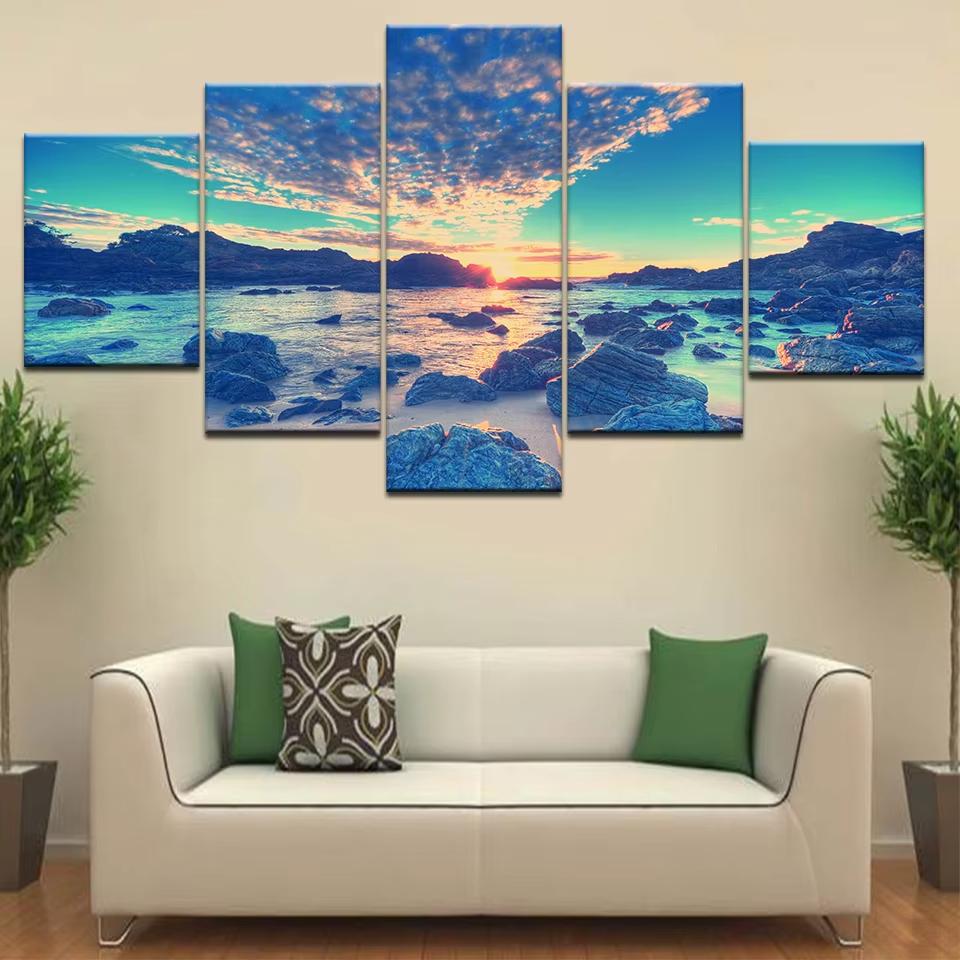 5 Stück Cleopatra Ozean Leinwandbild Wandkunst Oranger Himmel Ozeanstrand Multi Türkei Sandstrand Sonnenaufgang Wanddekoration Ohne Rahmen