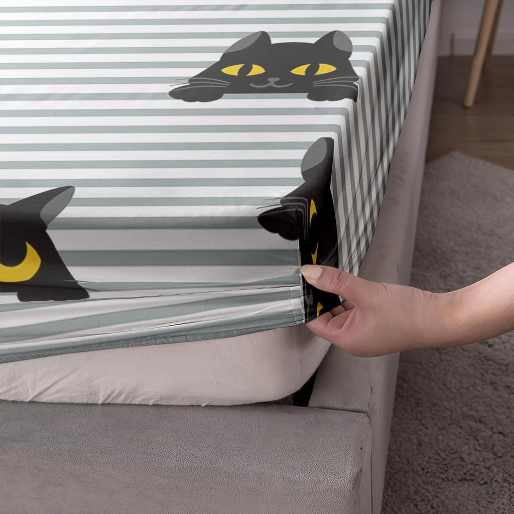 Striped Black Cat Pattern Bed Hat Three-Piece Digital Printing Bedding Bed Hat Three-Piece Set Children And Adults