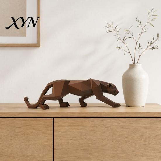 Minimalist Polygonal Animal Figure 3D Printed Cheetah Figurine, Compact Geometric Faceted Sculpture, Durable Matte Leopard Statue for Home Office