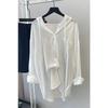 Summer Women White Hooded Shirt Loose Long Sleeve Button Down Blouse