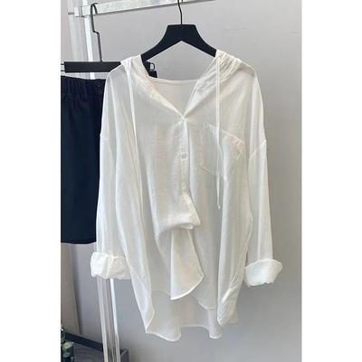 Summer Women White Hooded Shirt Loose Long Sleeve Button Down Blouse