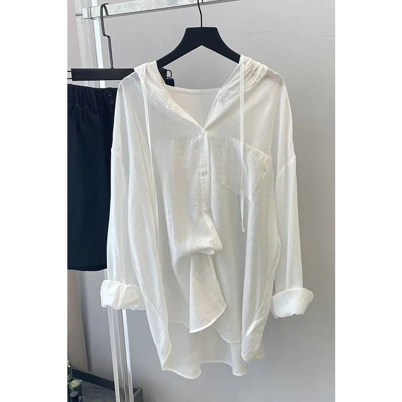 

Summer Women White Hooded Shirt Loose Long Sleeve Button Down Blouse M белый