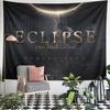 Dark celestial theme with glowing eclipse and golden text design. Patterned tapestry for bedroom and living room home decor