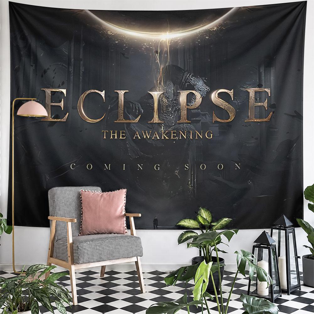 Dark celestial theme with glowing eclipse and golden text design. Patterned tapestry for bedroom and living room home decor