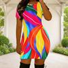 Women Plus Size Round Neck Short Sleeve Multicolor Printed Fitted Mini Dress