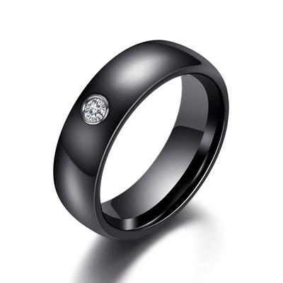Black White Ceramic 6MM Single Diamond Ring Trendy Couple Wedding Band Jewelry