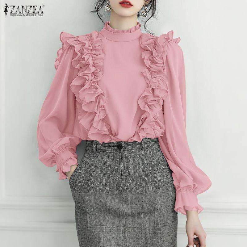 ZANZEA Blouse Décontractée Femme Col Montant Manches Longues Volants Épissure Ample