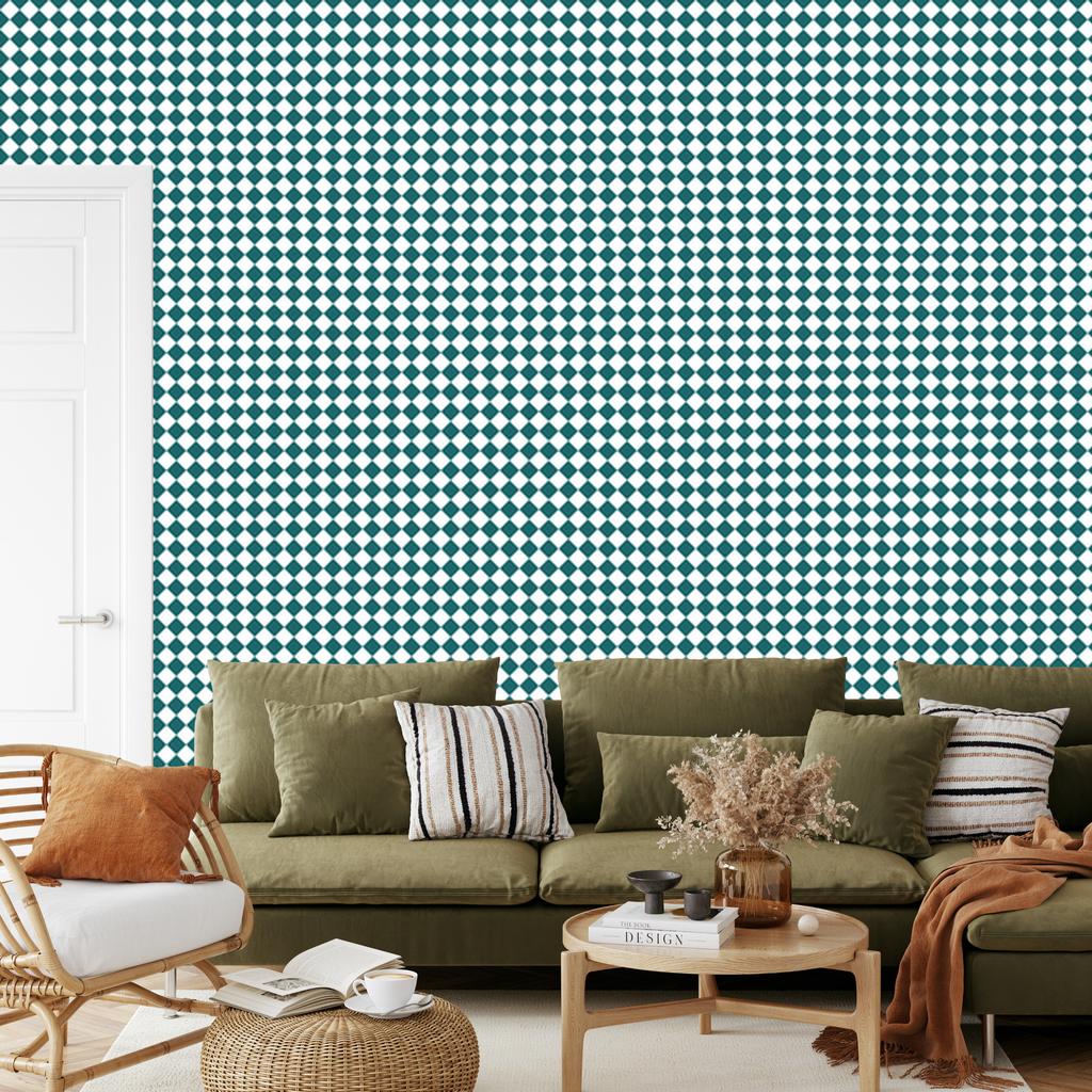 Geometric diamonds wallpaper turquoise, white and light gray 50x1000
