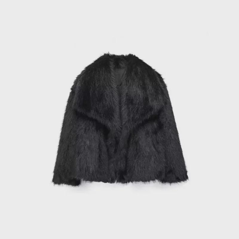 Women's Black Imitation Leather Lamb Wool Coat - Autumn/Winter 2024 Collection