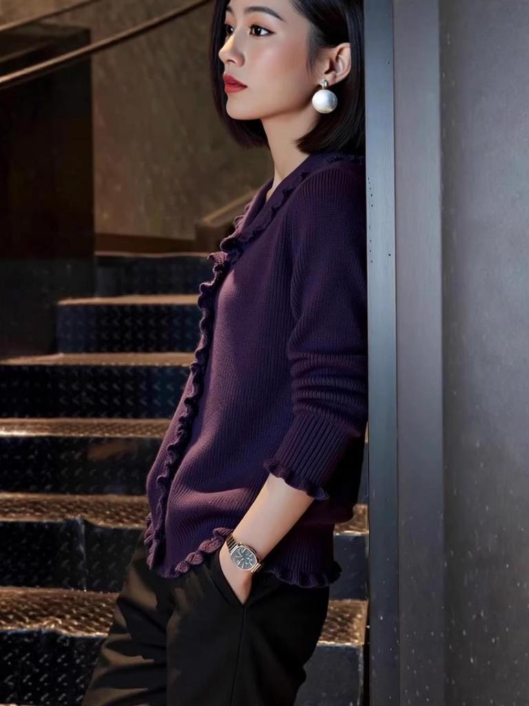 Women's Purple Wool Cardigan with Edge Design and Long Sleeves - Stylish Spring/Autumn Fashion