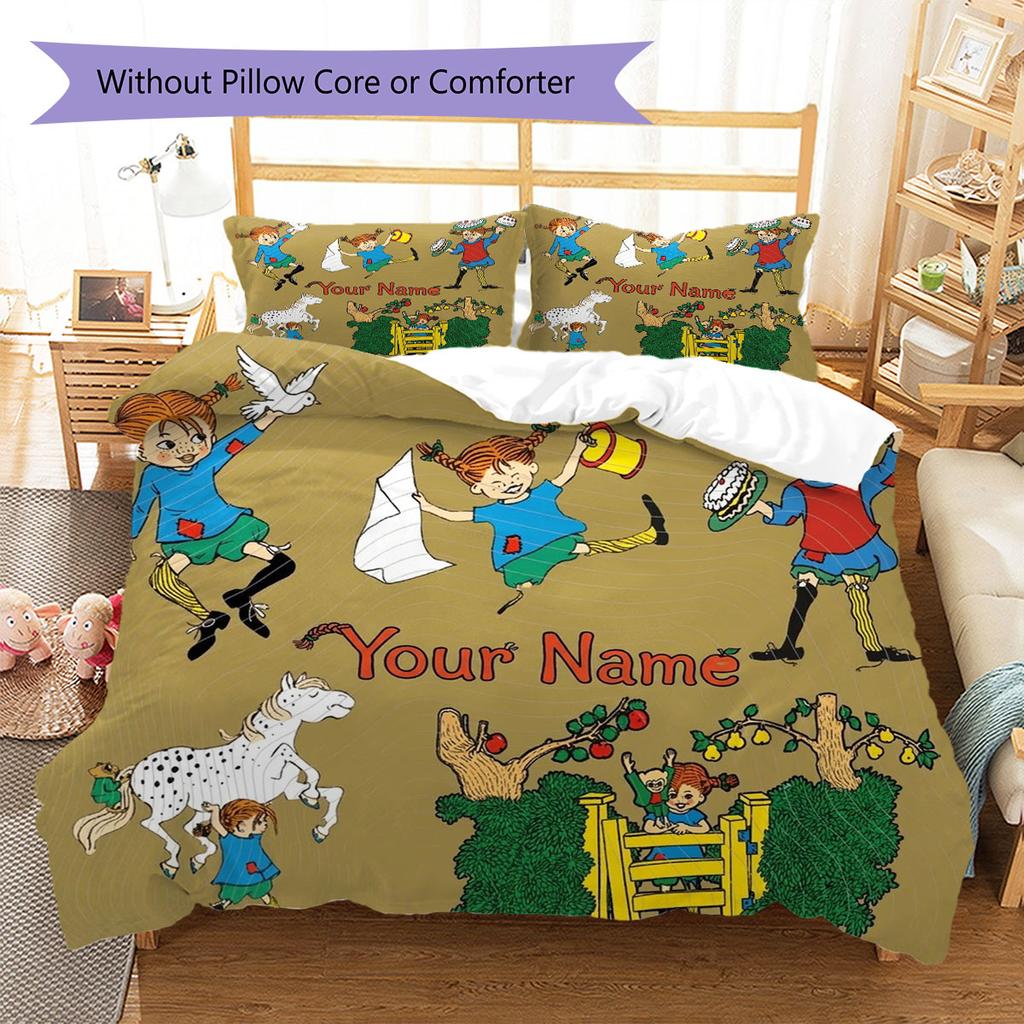 Pippi Longstocking Custom Name Pattern Bedding,Quilt Set Quilt Cover Pillowcase Home Birthday Gift(1 * duvet cover + 2 * pillowcase, without core)