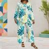 Women Plus Size Tropical Leaf Printed Round Neck Long Sleeve Layered Top Wide Leg Cropped Pants Two Piece Set