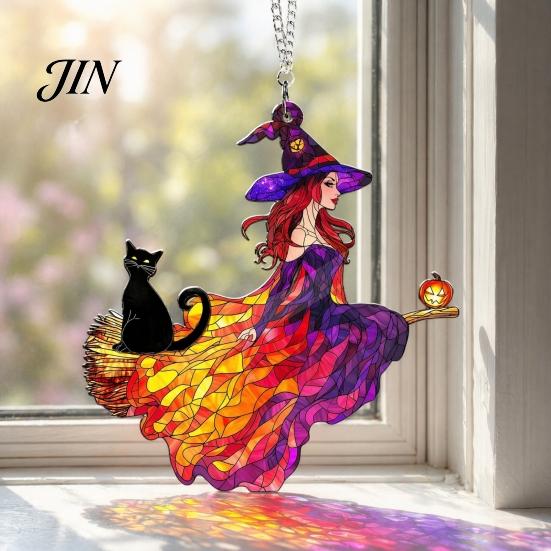 Retro Fantasy Window Hanging Vintage Halloween Cat Witch Decoration, Acrylic Ornaments, Black Decor Rustic Farmhouse Tree Decor, Party Supplies