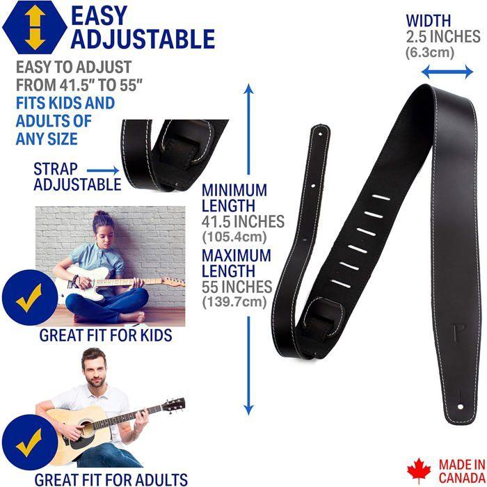 Sangle de guitare - SP25S-7048 - Cuir baseball 2,5" - Ajustable 96-132 cm - Noir