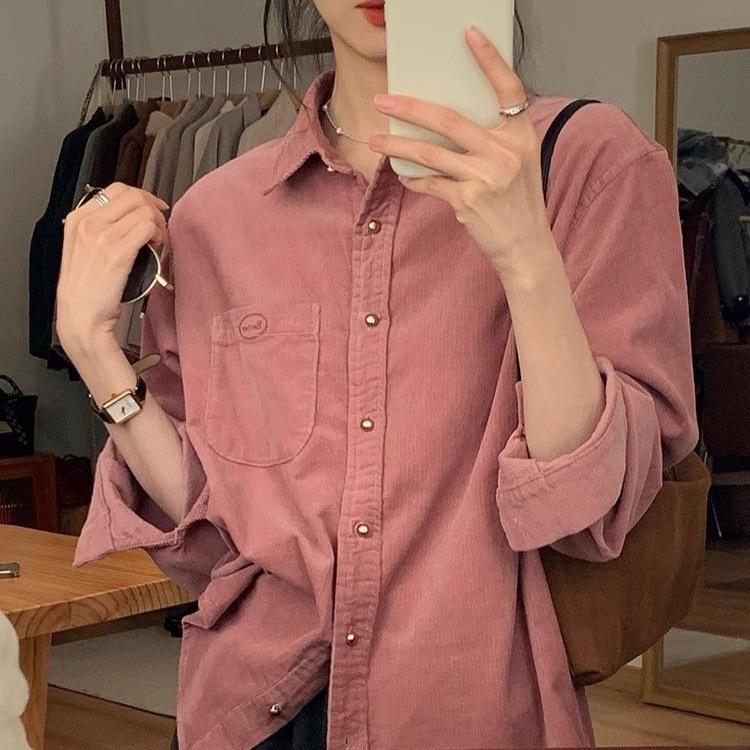 Women's Retro Pink Corduroy Shirt Jacket - Autumn/Winter Long Sleeve Top