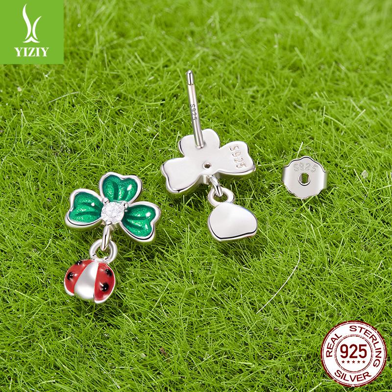 Four-Leaf Clover Ladybug Stud Earrings Female, Lucky Natural Fresh S925 Sterling Silver Earrings Earrings